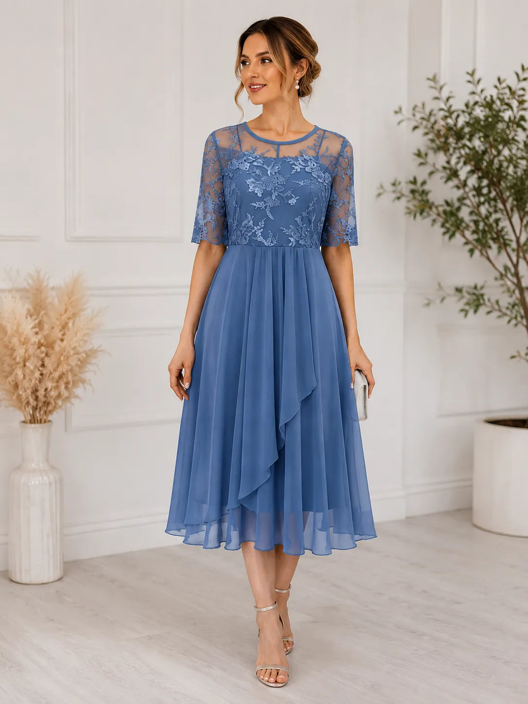 Vestido de Invitada de Boda Midi Elegante Flores con Cuello Redondo