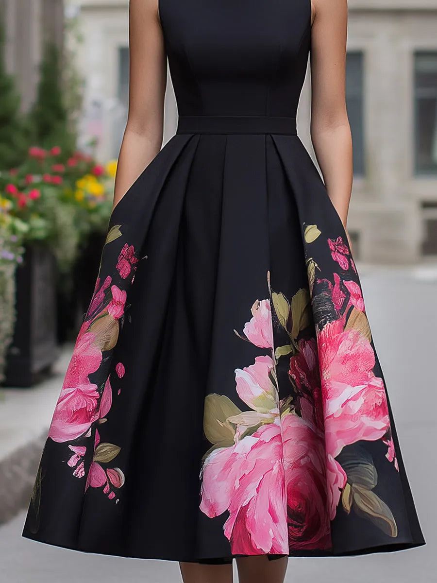 Vestido de Invitada de Boda Midi Elegante Flores con Diseño Plisado
