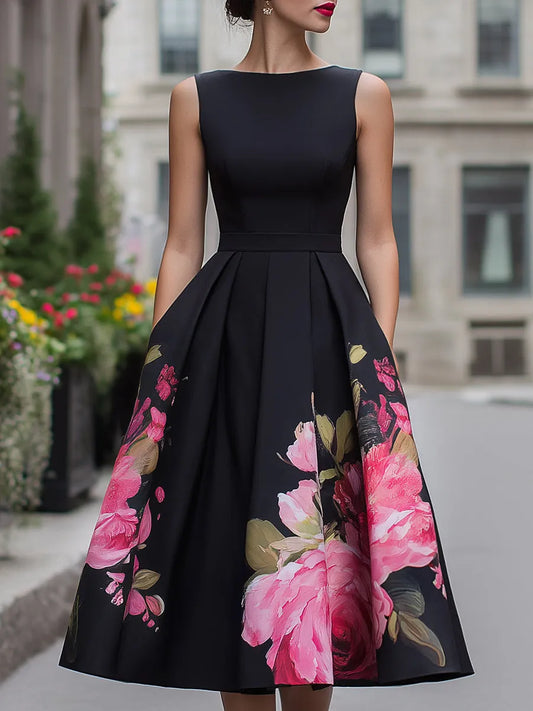Vestido de Invitada de Boda Midi Elegante Flores con Diseño Plisado