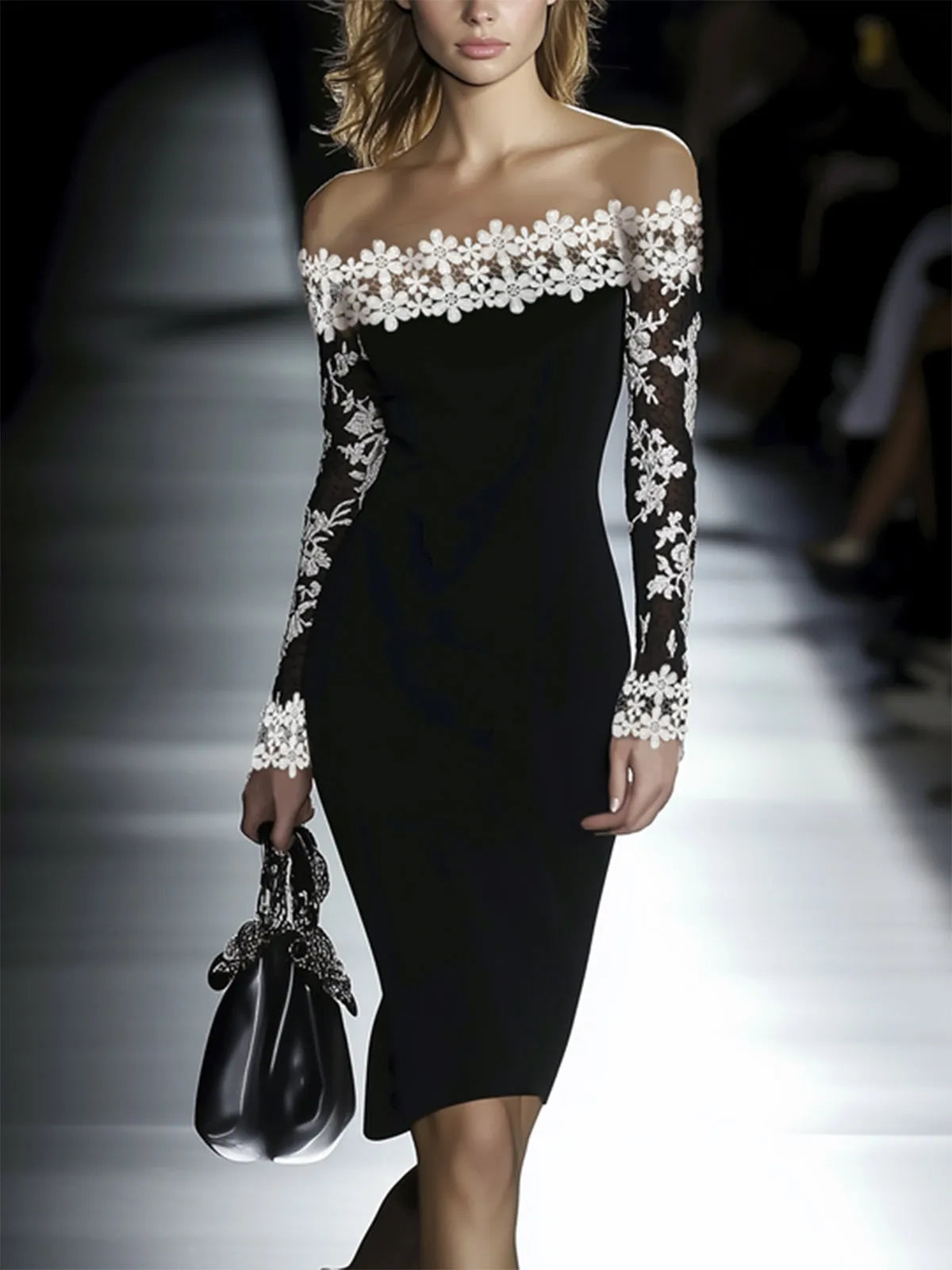 Vestido de Invitada de Boda Midi Elegante Flores con Hombros Descubiertos