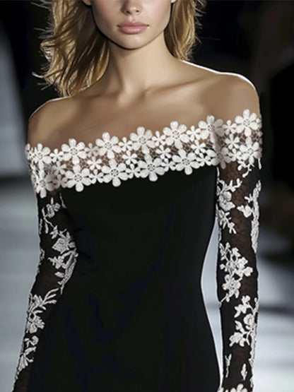 Vestido de Invitada de Boda Midi Elegante Flores con Hombros Descubiertos