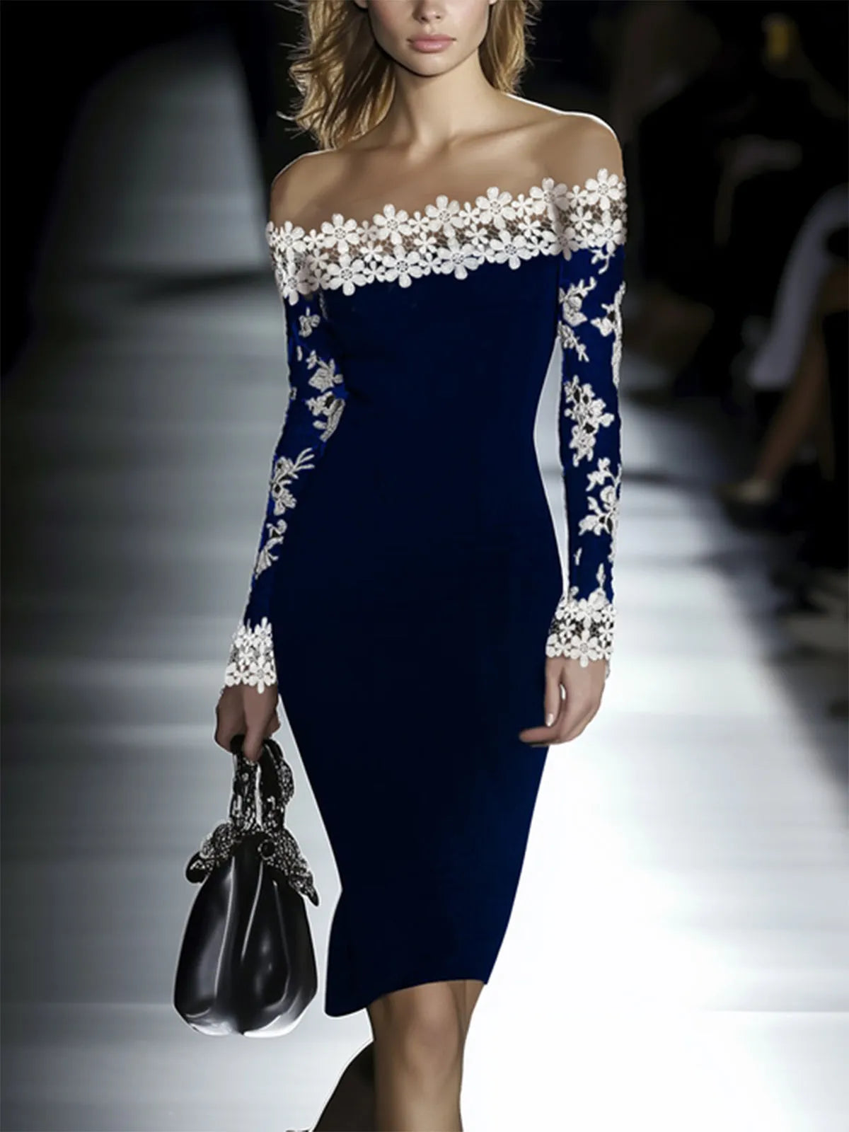 Vestido de Invitada de Boda Midi Elegante Flores con Hombros Descubiertos