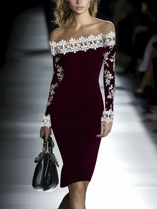 Vestido de Invitada de Boda Midi Elegante Flores con Hombros Descubiertos