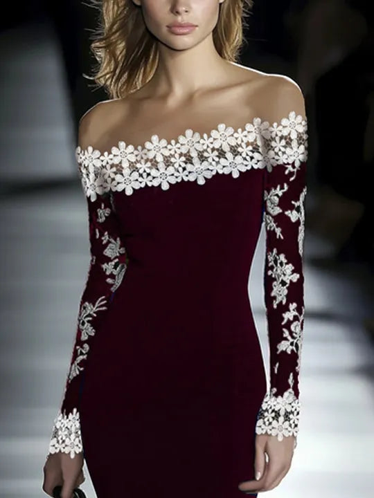 Vestido de Invitada de Boda Midi Elegante Flores con Hombros Descubiertos