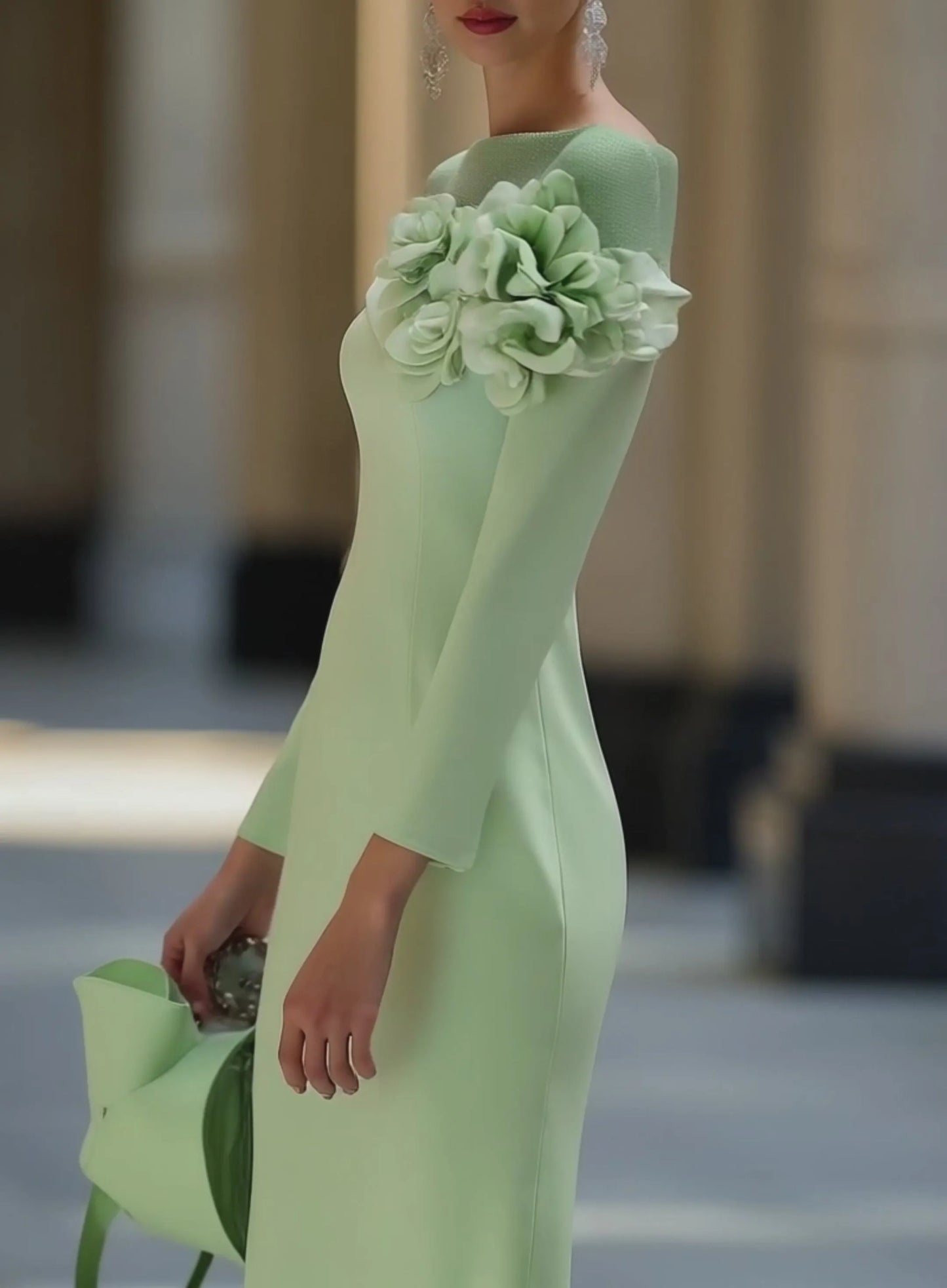 Vestido de Invitada de Boda Midi Elegante Flores con Mangas Largas