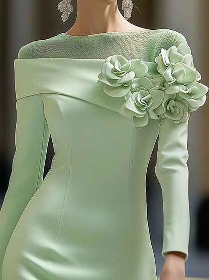Vestido de Invitada de Boda Midi Elegante Flores con Mangas Largas