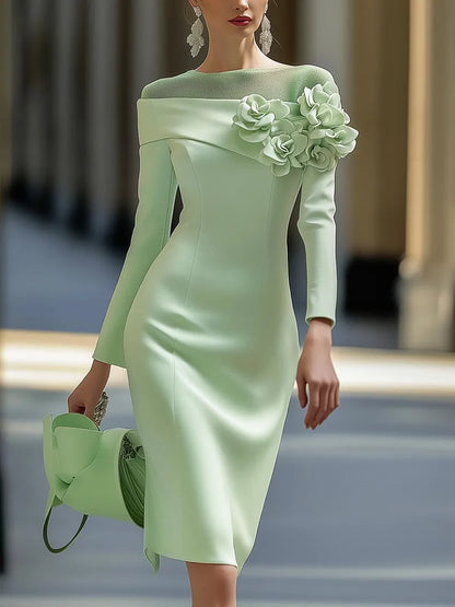 Vestido de Invitada de Boda Midi Elegante Flores con Mangas Largas