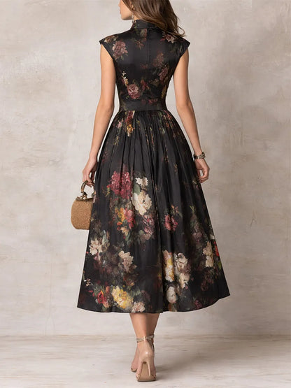 Vestido de Invitada de Boda Midi Elegante  Flores con Plisado