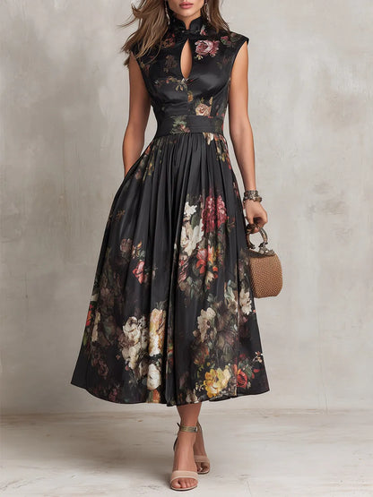 Vestido de Invitada de Boda Midi Elegante  Flores con Plisado