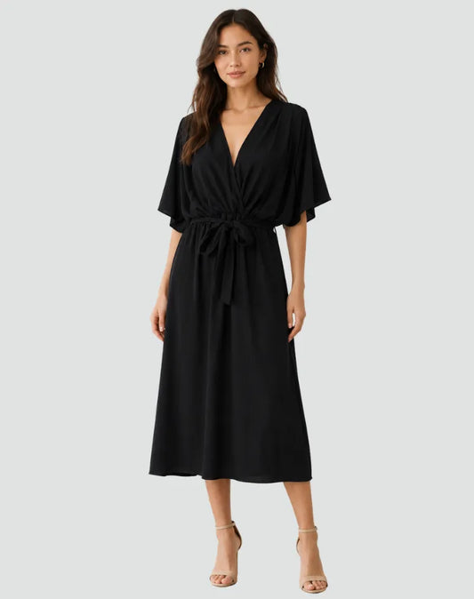 Vestido de Invitada de Boda Midi Elegante Fluido con Cuello en V