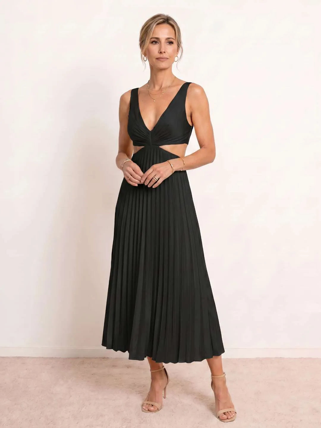 Vestido de Invitada de Boda Midi Elegante Fluido con Cut Out