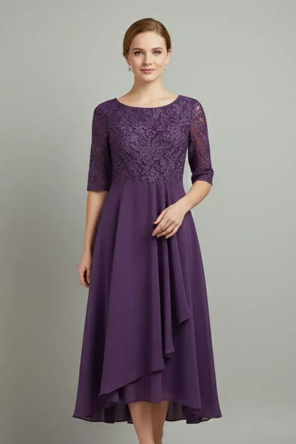 Vestido de Invitada de Boda Midi Elegante Fluido con Falda Asimétrica
