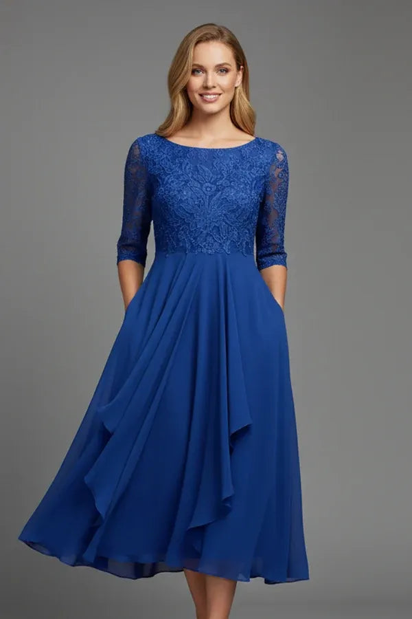Vestido de Invitada de Boda Midi Elegante Fluido con Falda Asimétrica