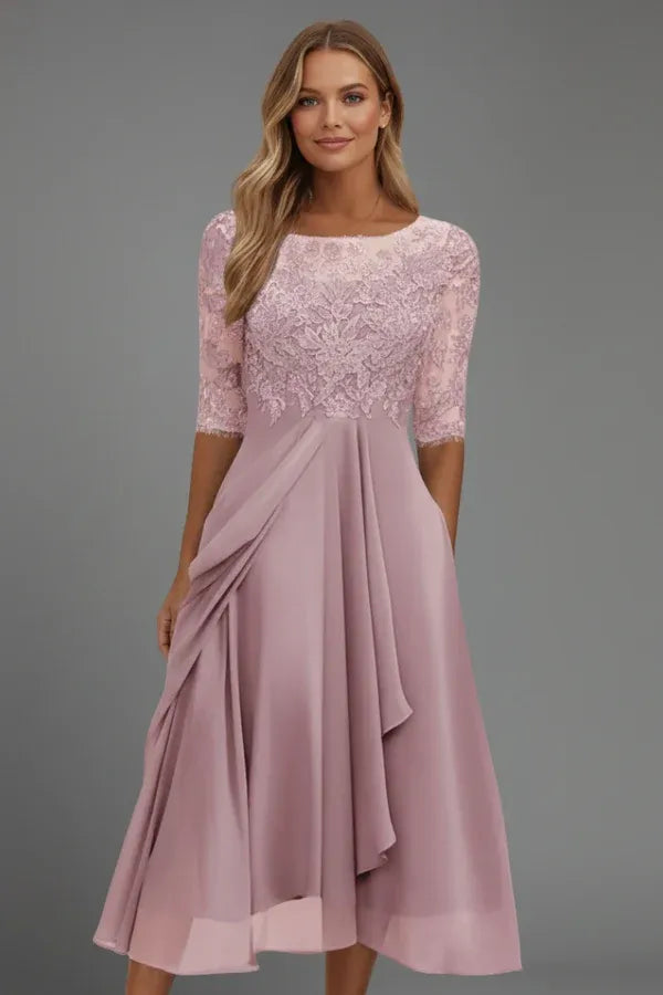 Vestido de Invitada de Boda Midi Elegante Fluido con Falda Asimétrica