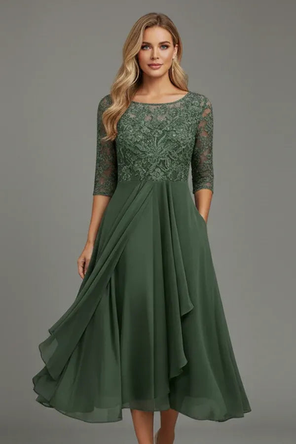 Vestido de Invitada de Boda Midi Elegante Fluido con Falda Asimétrica