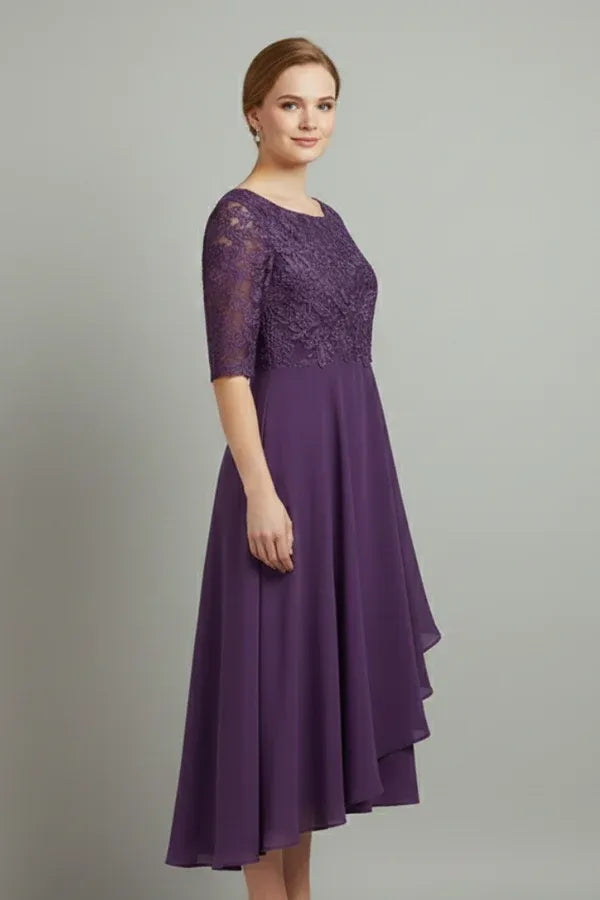 Vestido de Invitada de Boda Midi Elegante Fluido con Falda Asimétrica