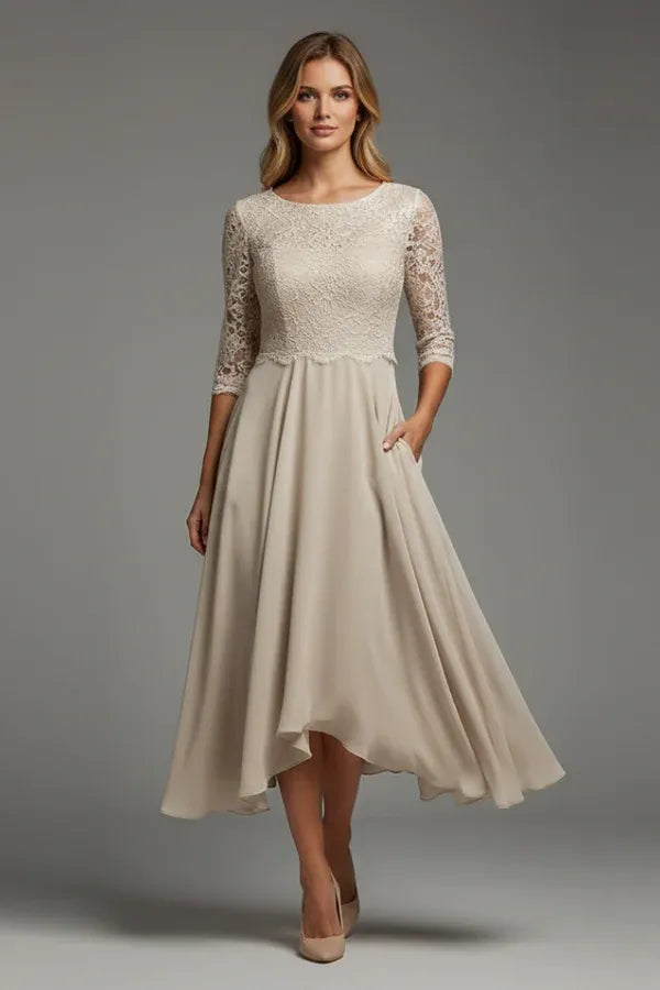 Vestido de Invitada de Boda Midi Elegante Fluido con Falda Asimétrica