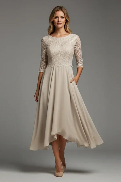 Vestido de Invitada de Boda Midi Elegante Fluido con Falda Asimétrica