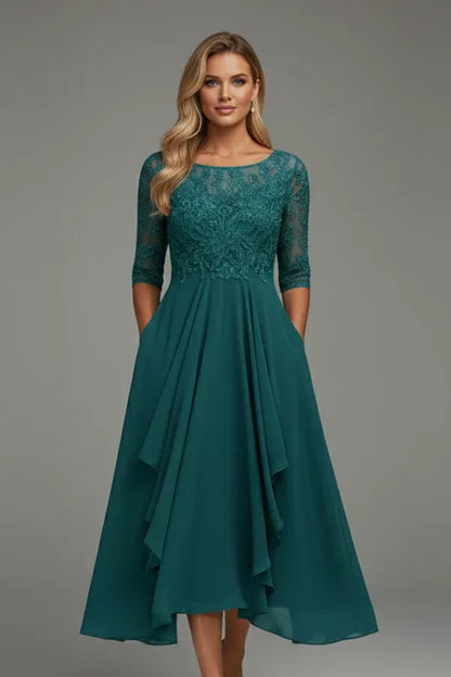 Vestido de Invitada de Boda Midi Elegante Fluido con Falda Asimétrica