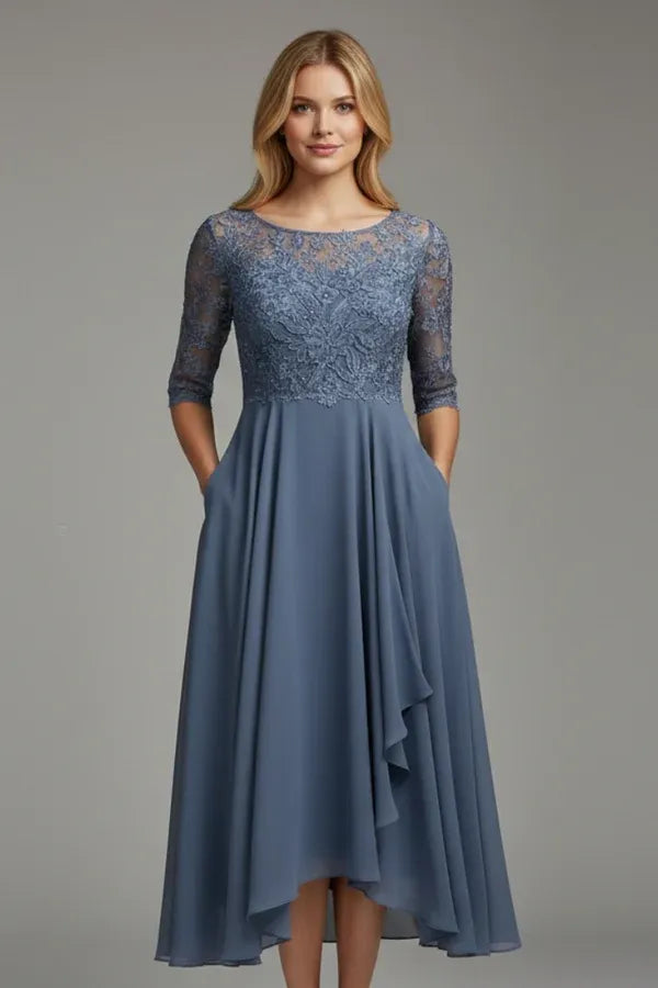 Vestido de Invitada de Boda Midi Elegante Fluido con Falda Asimétrica