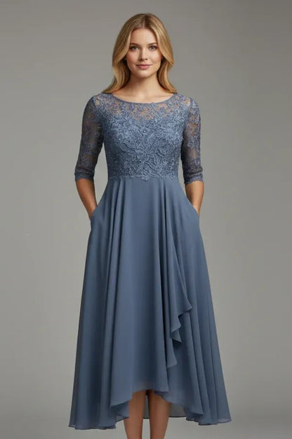 Vestido de Invitada de Boda Midi Elegante Fluido con Falda Asimétrica