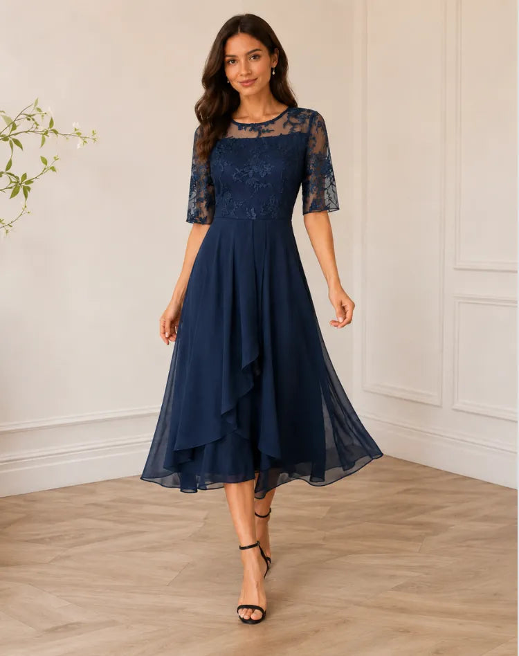 Vestido de Invitada de Boda Midi Elegante Fluido con Manga 3/4