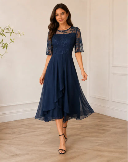 Vestido de Invitada de Boda Midi Elegante Fluido con Manga 3/4