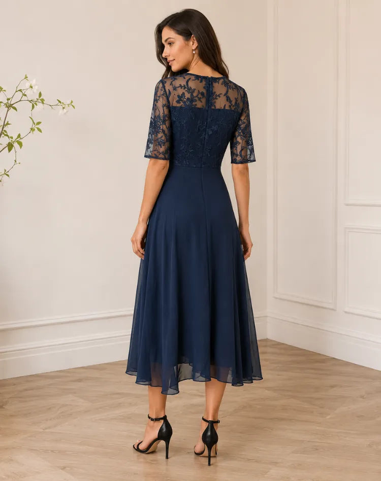 Vestido de Invitada de Boda Midi Elegante Fluido con Manga 3/4