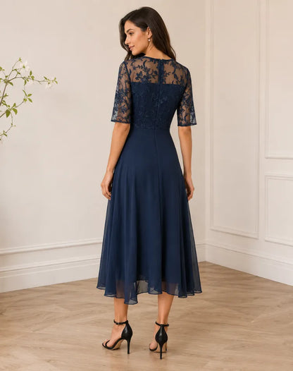 Vestido de Invitada de Boda Midi Elegante Fluido con Manga 3/4