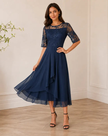 Vestido de Invitada de Boda Midi Elegante Fluido con Manga 3/4