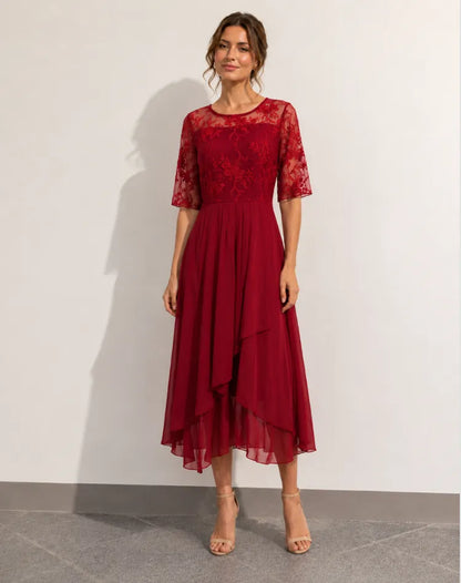 Vestido de Invitada de Boda Midi Elegante Fluido con Manga 3/4