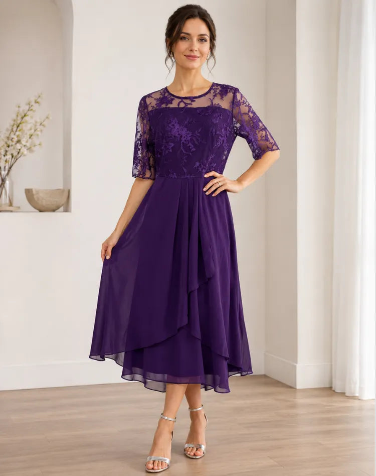 Vestido de Invitada de Boda Midi Elegante Fluido con Manga 3/4