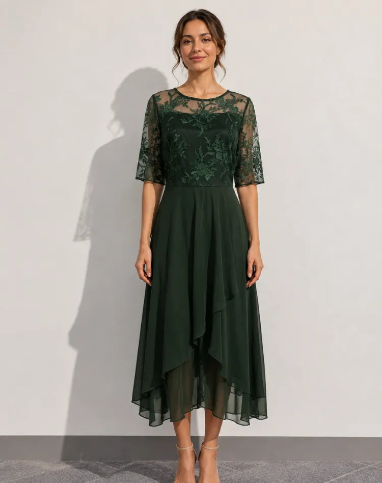 Vestido de Invitada de Boda Midi Elegante Fluido con Manga 3/4