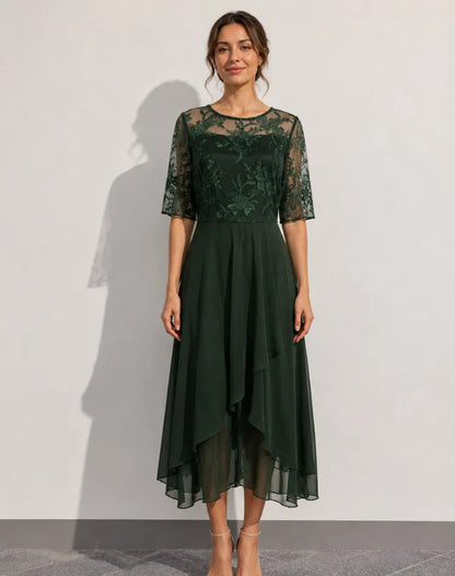 Vestido de Invitada de Boda Midi Elegante Fluido con Manga 3/4