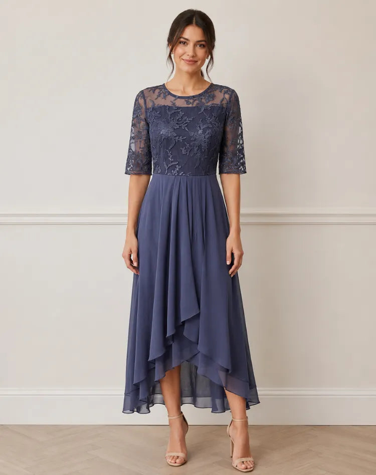 Vestido de Invitada de Boda Midi Elegante Fluido con Manga 3/4