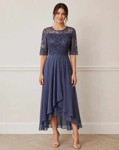 Vestido de Invitada de Boda Midi Elegante Fluido con Manga 3/4