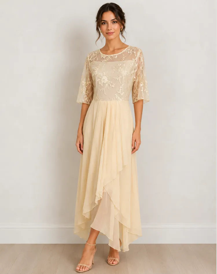 Vestido de Invitada de Boda Midi Elegante Fluido con Manga 3/4