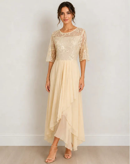 Vestido de Invitada de Boda Midi Elegante Fluido con Manga 3/4