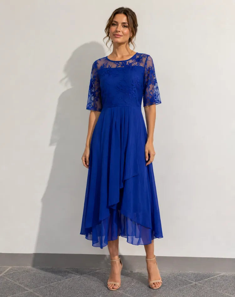 Vestido de Invitada de Boda Midi Elegante Fluido con Manga 3/4