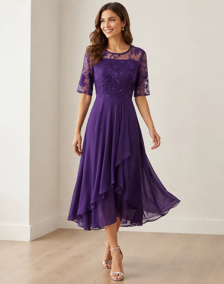 Vestido de Invitada de Boda Midi Elegante Fluido con Manga 3/4
