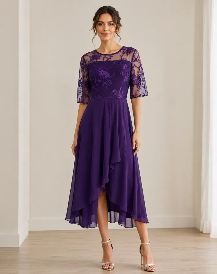 Vestido de Invitada de Boda Midi Elegante Fluido con Manga 3/4