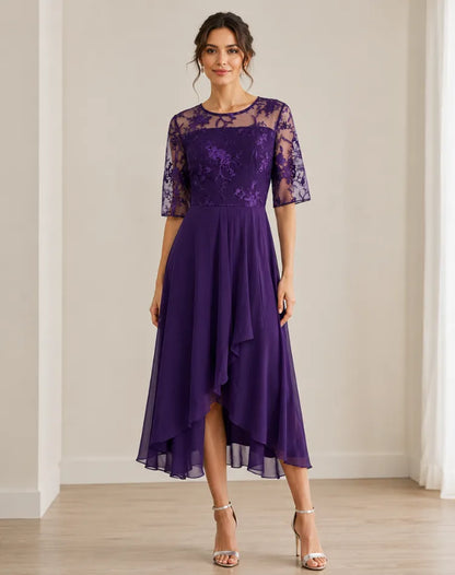 Vestido de Invitada de Boda Midi Elegante Fluido con Manga 3/4