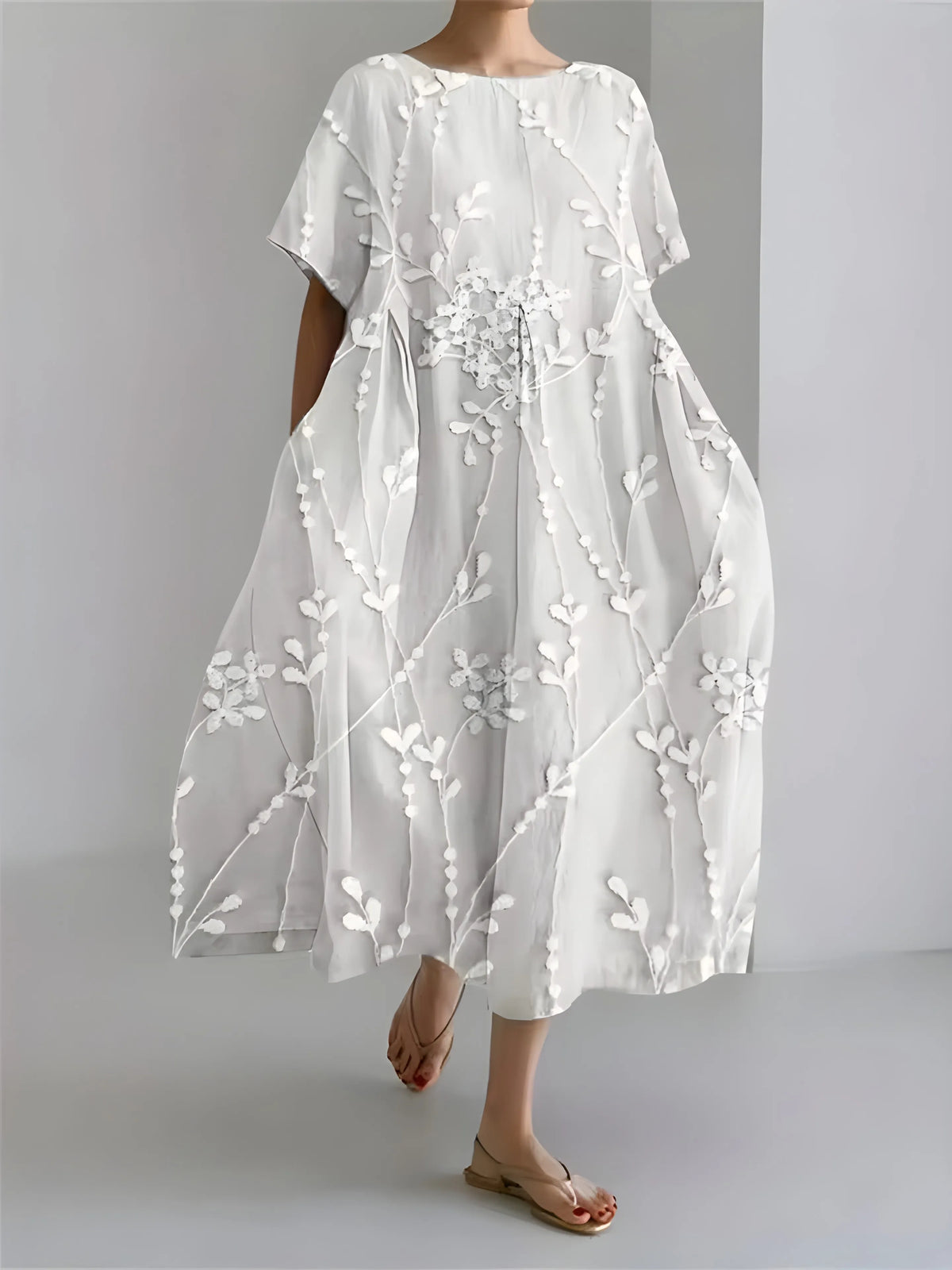 Vestido de Invitada de Boda Midi Elegante Fluido con Manga Corta