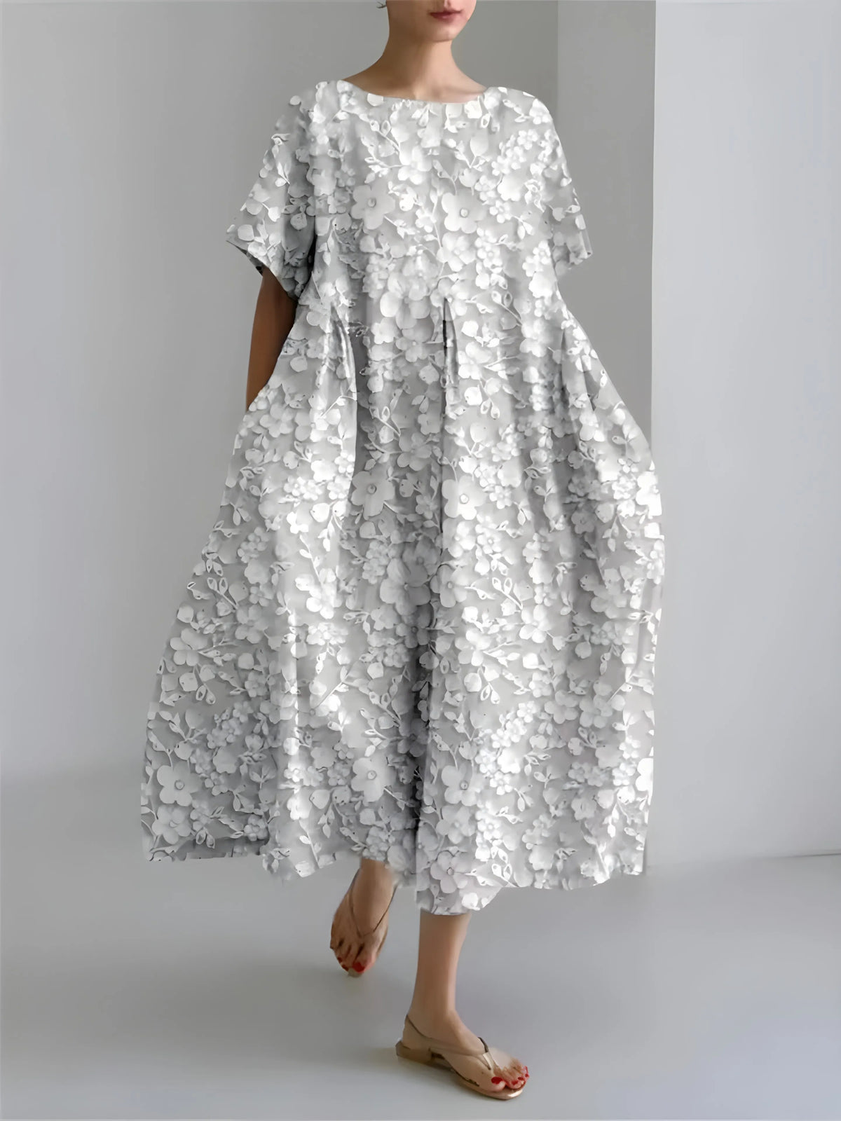Vestido de Invitada de Boda Midi Elegante Fluido con Manga Corta