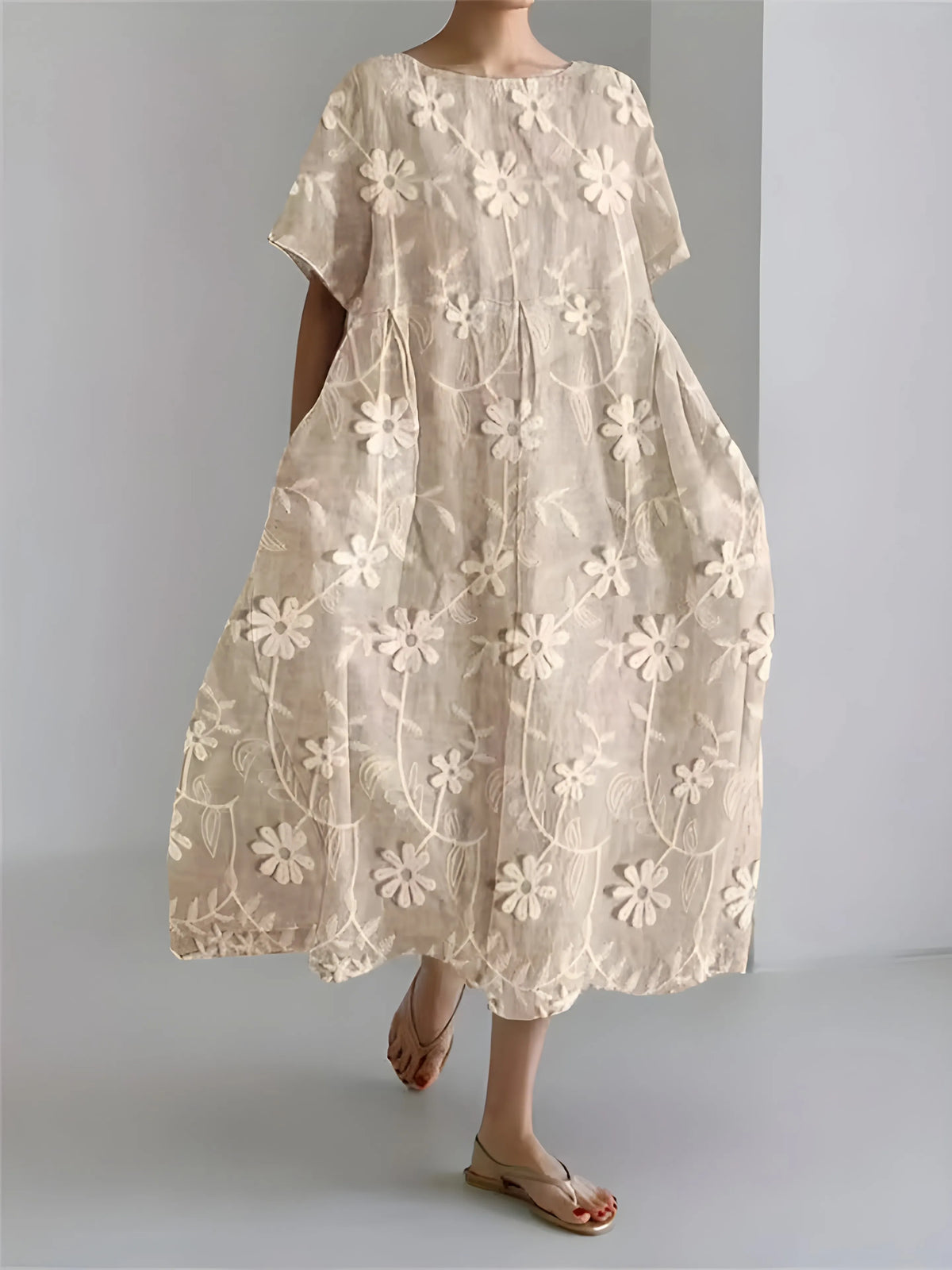 Vestido de Invitada de Boda Midi Elegante Fluido con Manga Corta