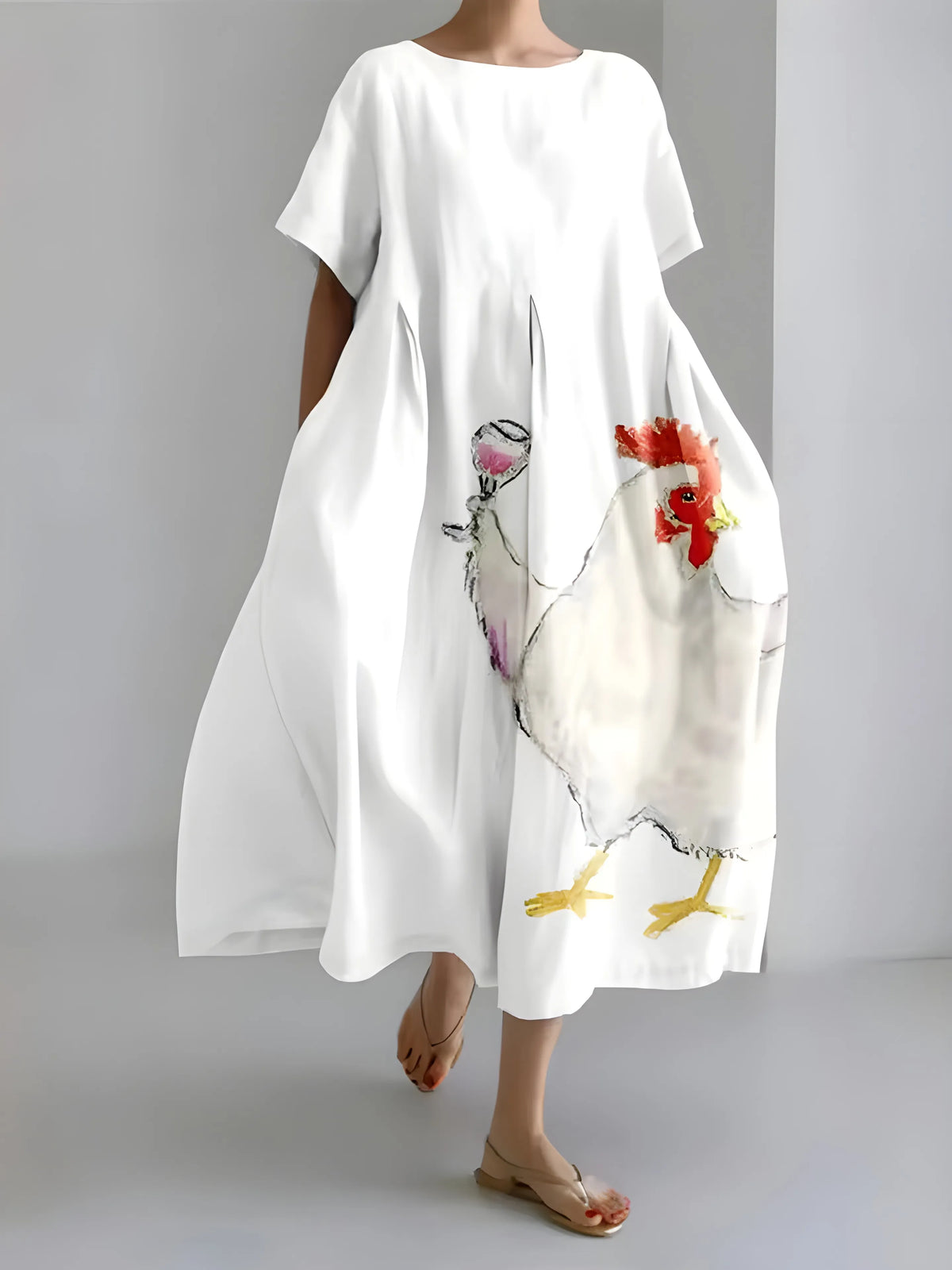 Vestido de Invitada de Boda Midi Elegante Fluido con Manga Corta