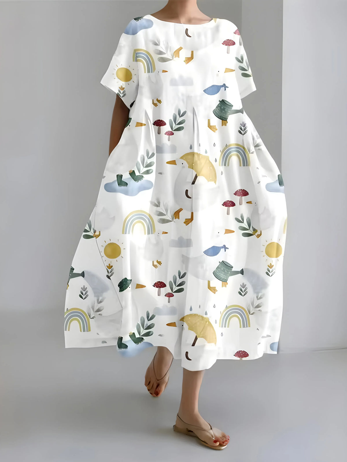 Vestido de Invitada de Boda Midi Elegante Fluido con Manga Corta