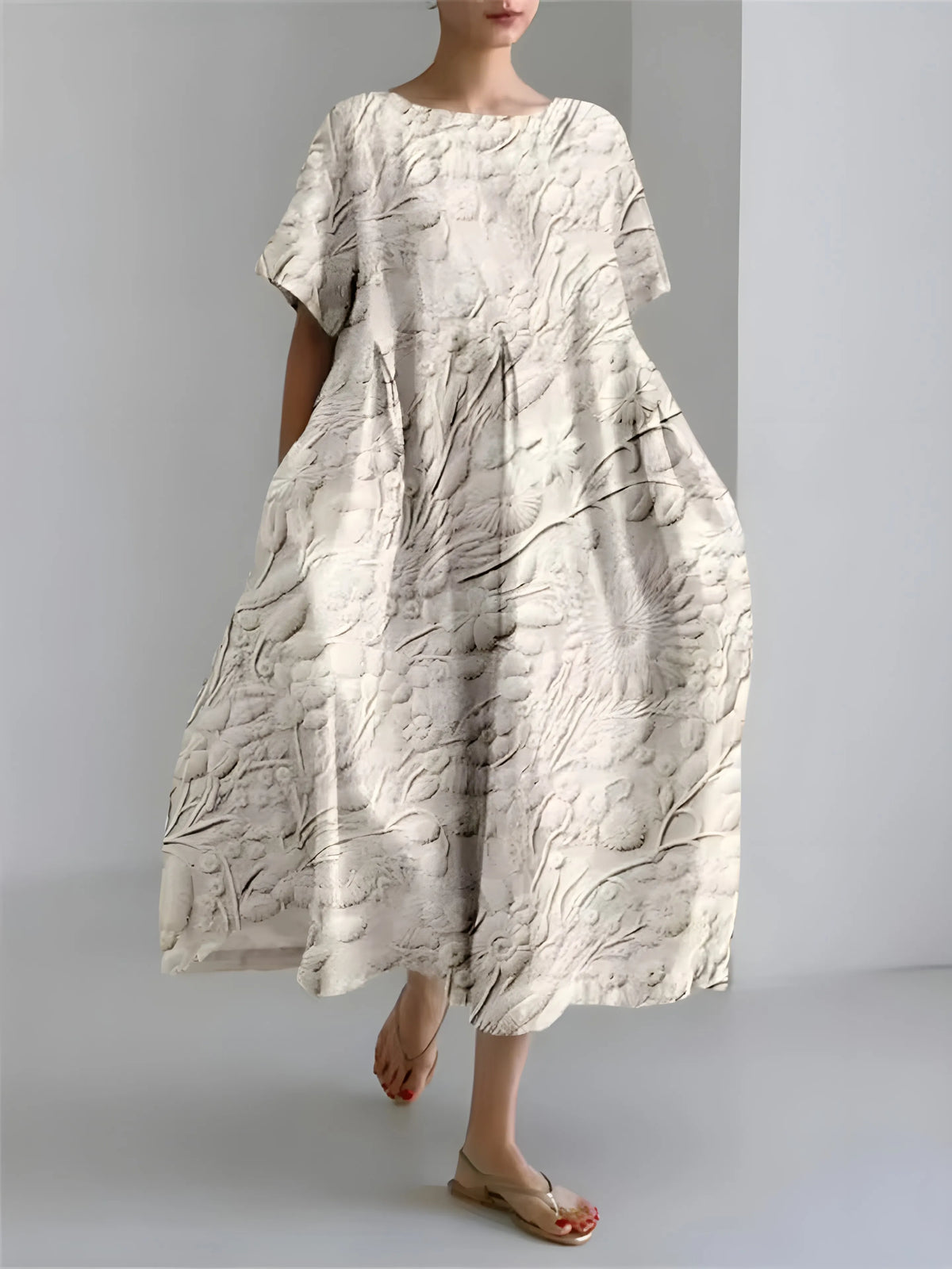 Vestido de Invitada de Boda Midi Elegante Fluido con Manga Corta