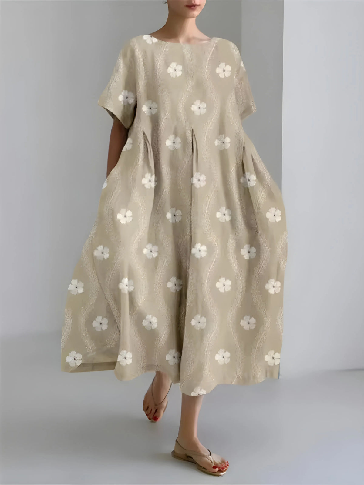 Vestido de Invitada de Boda Midi Elegante Fluido con Manga Corta
