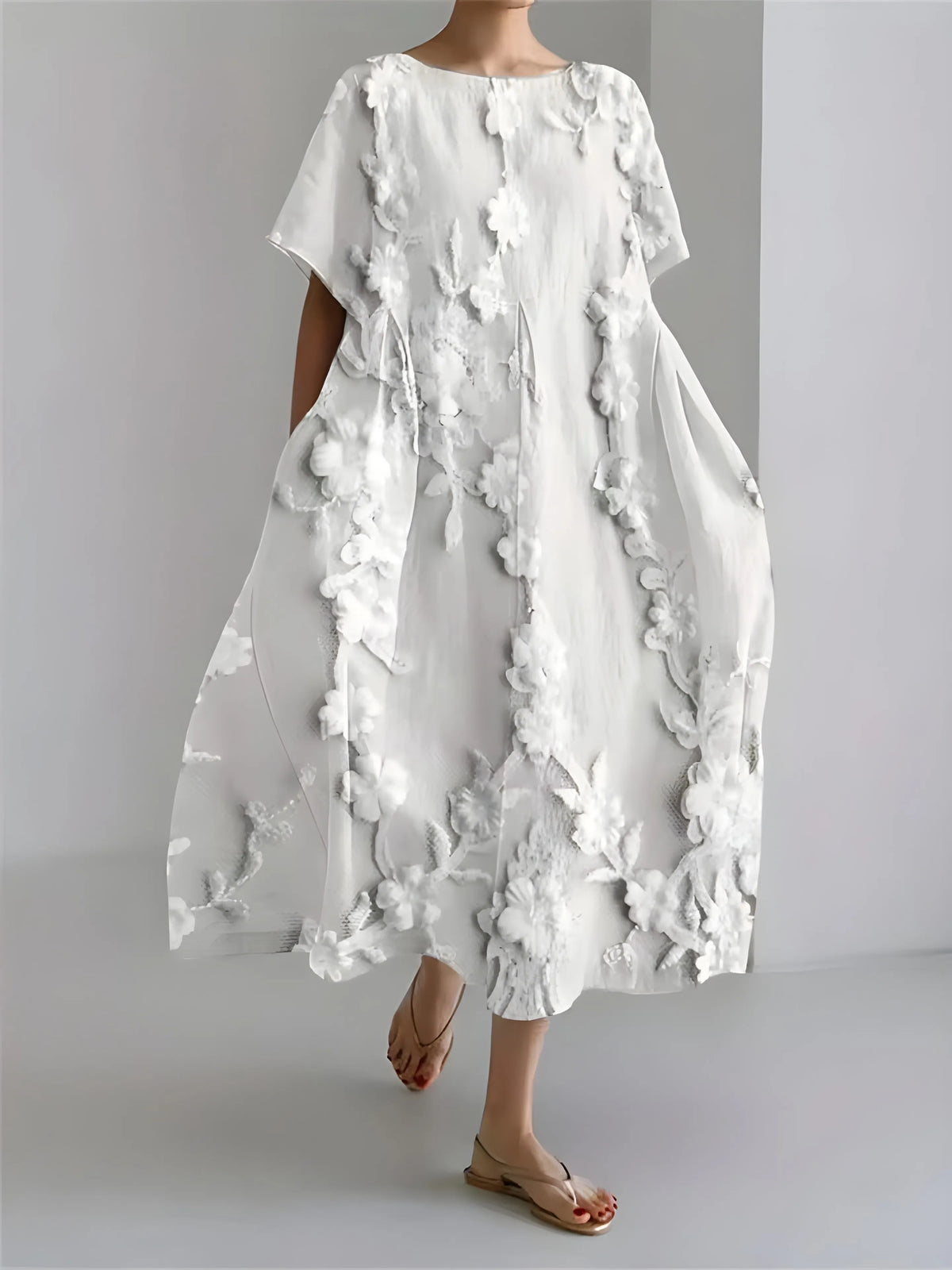 Vestido de Invitada de Boda Midi Elegante Fluido con Manga Corta
